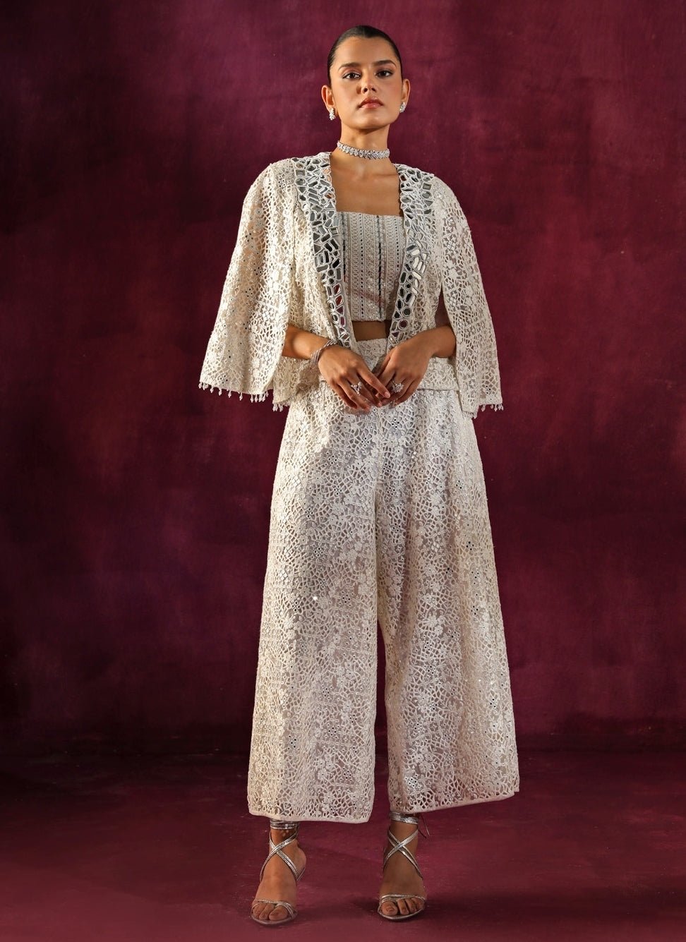 Twenty Nine Ivory Lace Mirrorwork Palazzo Set With JacketFabilicious Fashion