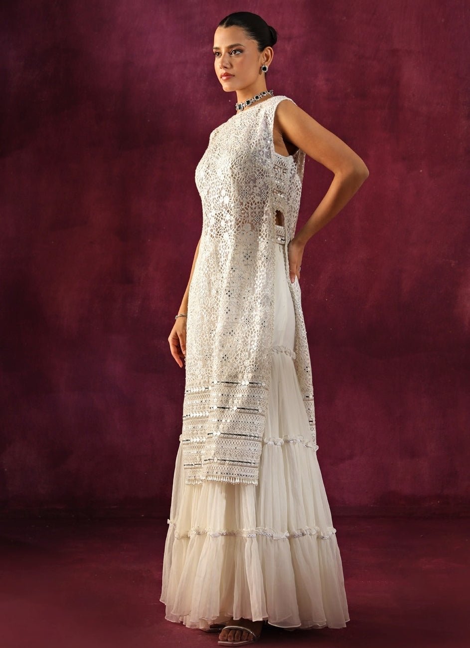 Twenty Nine Ivory Lace Mirrorwork Slit Kurta Sharara SetFabilicious Fashion