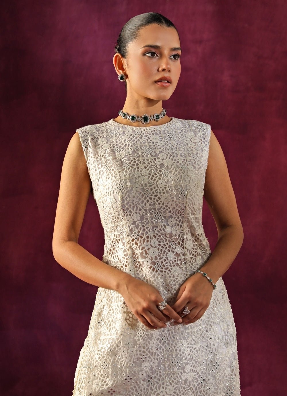 Twenty Nine Ivory Lace Mirrorwork Slit Kurta Sharara SetFabilicious Fashion