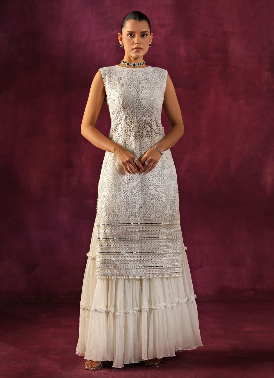 Twenty Nine Ivory Lace Mirrorwork Slit Kurta Sharara SetFabilicious Fashion