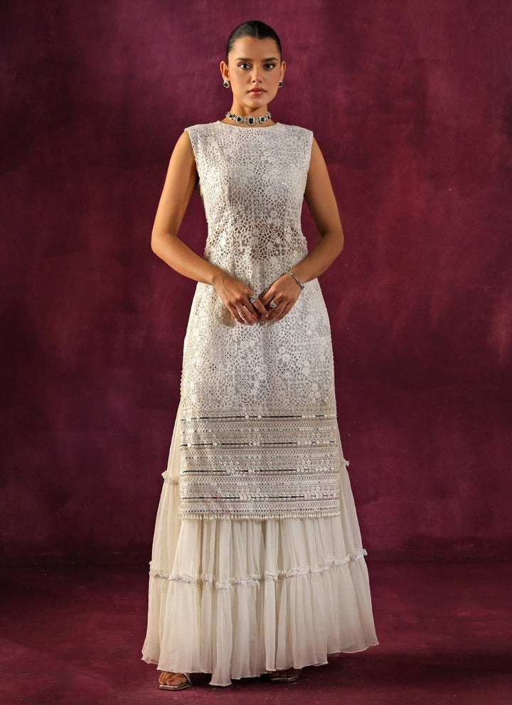 Twenty Nine Ivory Lace Mirrorwork Slit Kurta Sharara SetFabilicious Fashion