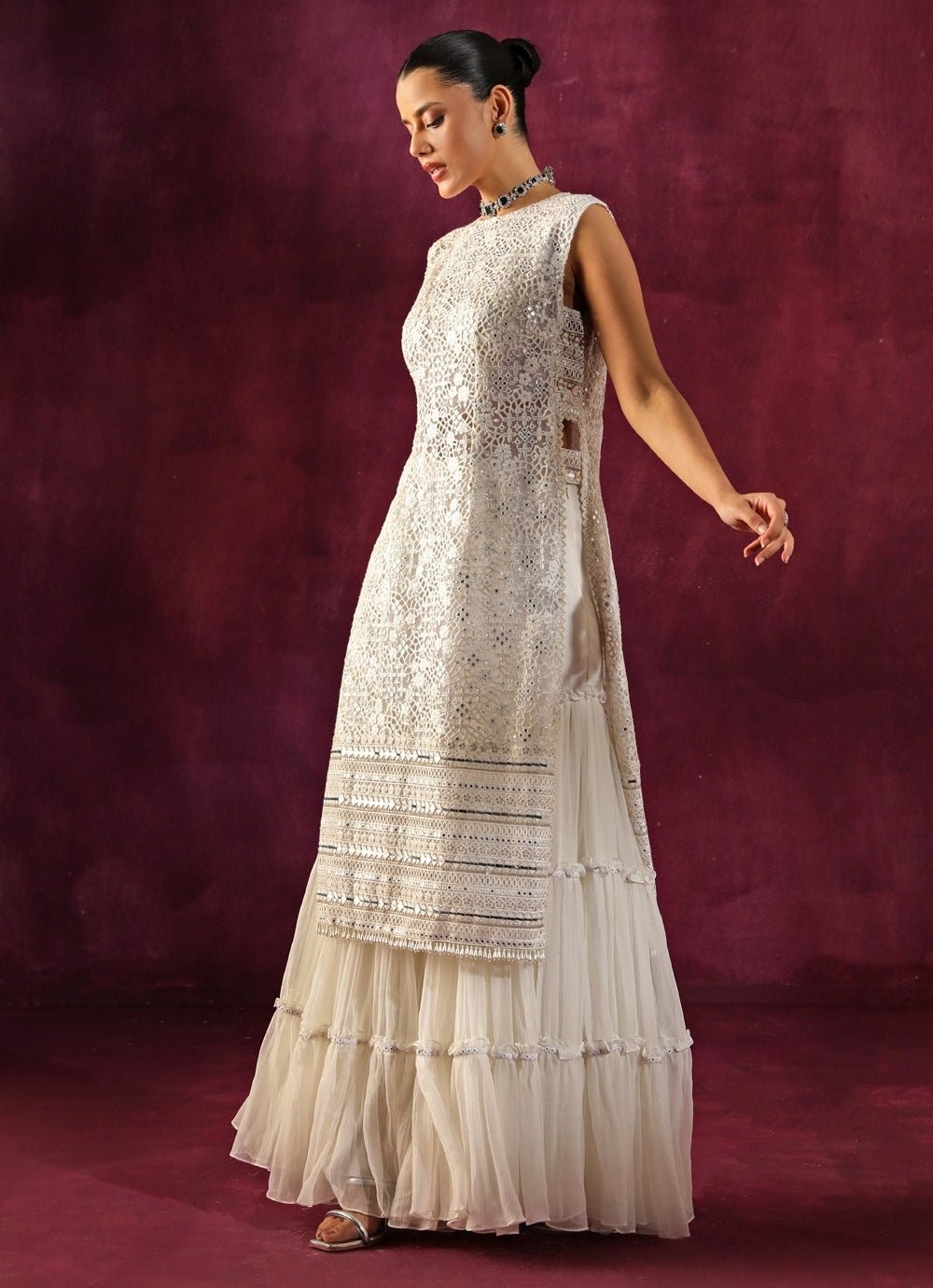 Twenty Nine Ivory Lace Mirrorwork Slit Kurta Sharara SetFabilicious Fashion