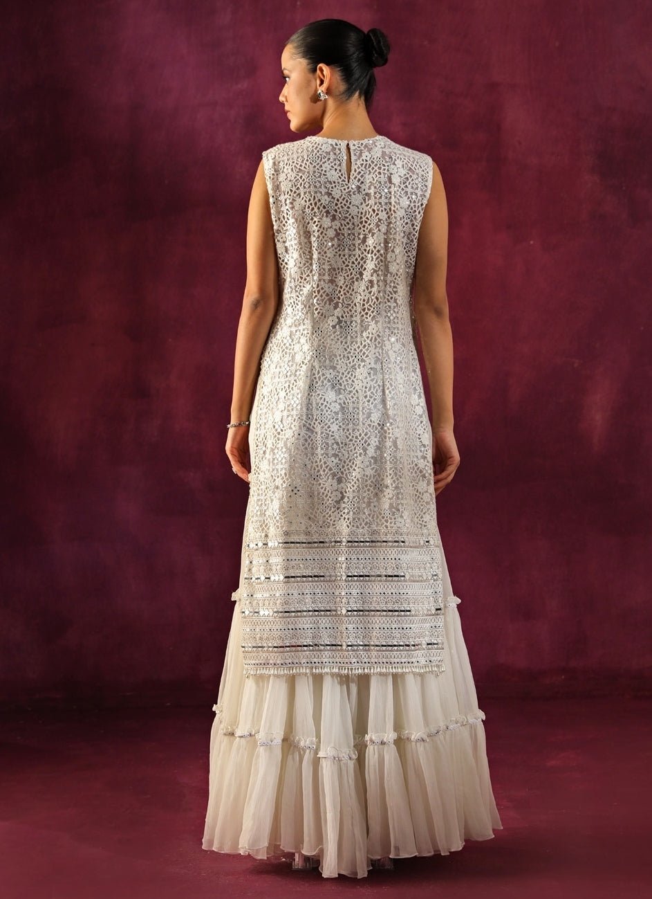 Twenty Nine Ivory Lace Mirrorwork Slit Kurta Sharara SetFabilicious Fashion