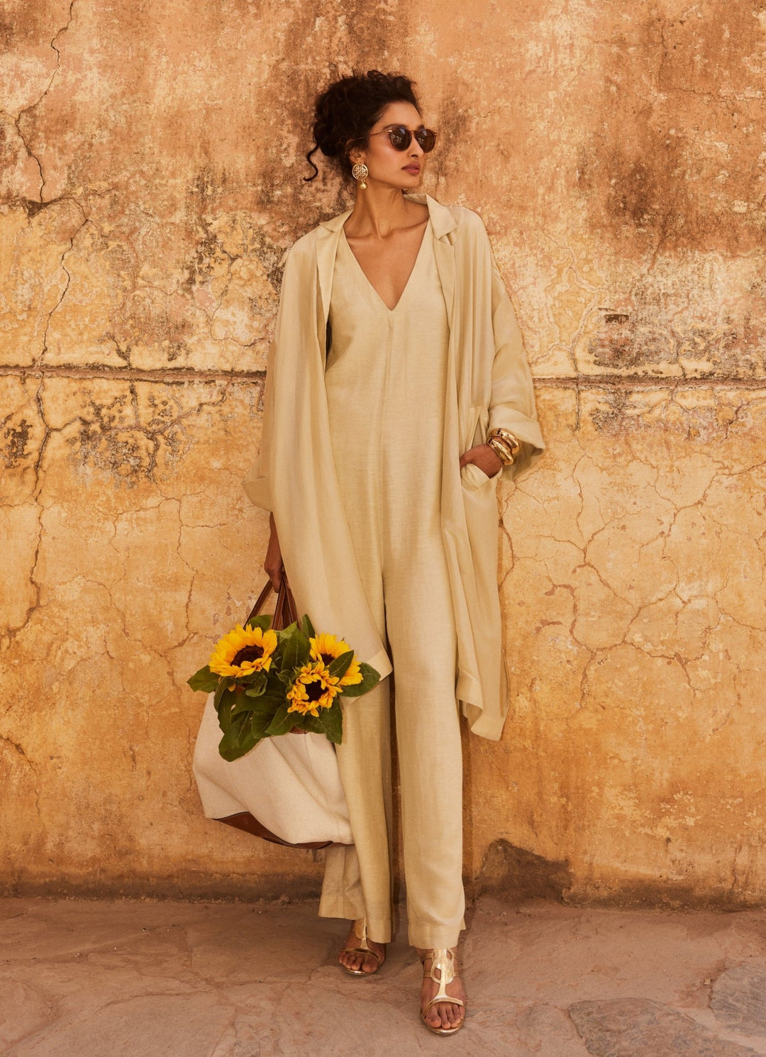 Ivory Linen Jumpsuit With Jacket Paulmi and Harsh - Fabilicious Fashion