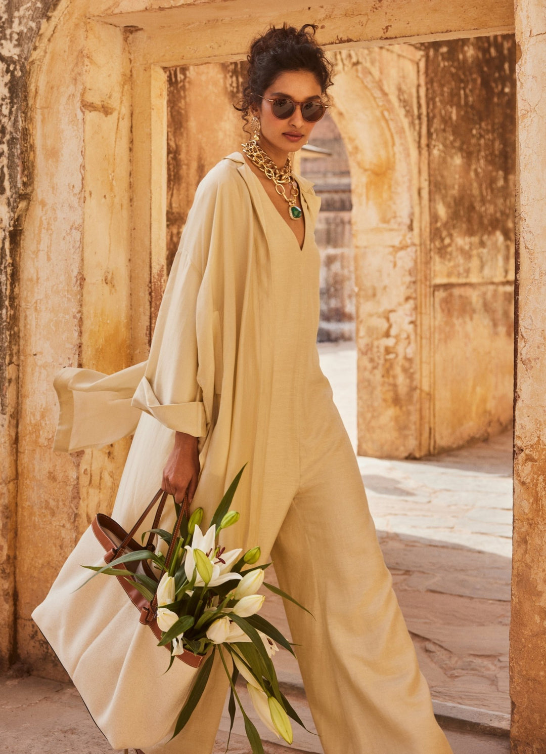 Ivory Linen Jumpsuit With Jacket Paulmi and Harsh - Fabilicious Fashion