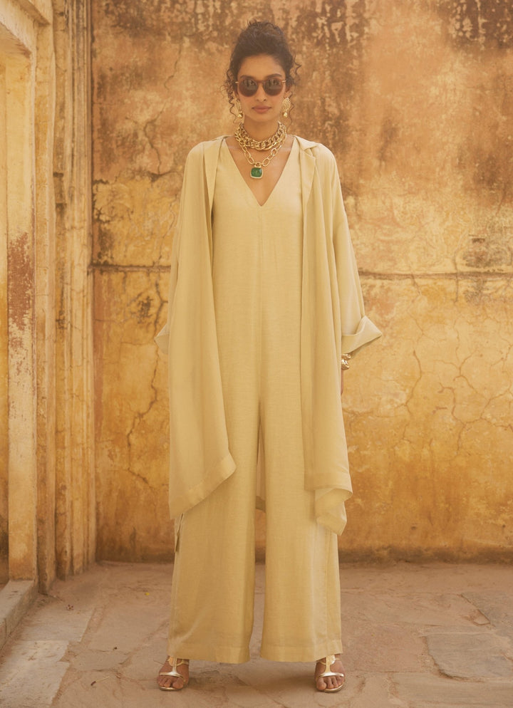 Ivory Linen Jumpsuit With Jacket Paulmi and Harsh - Fabilicious Fashion