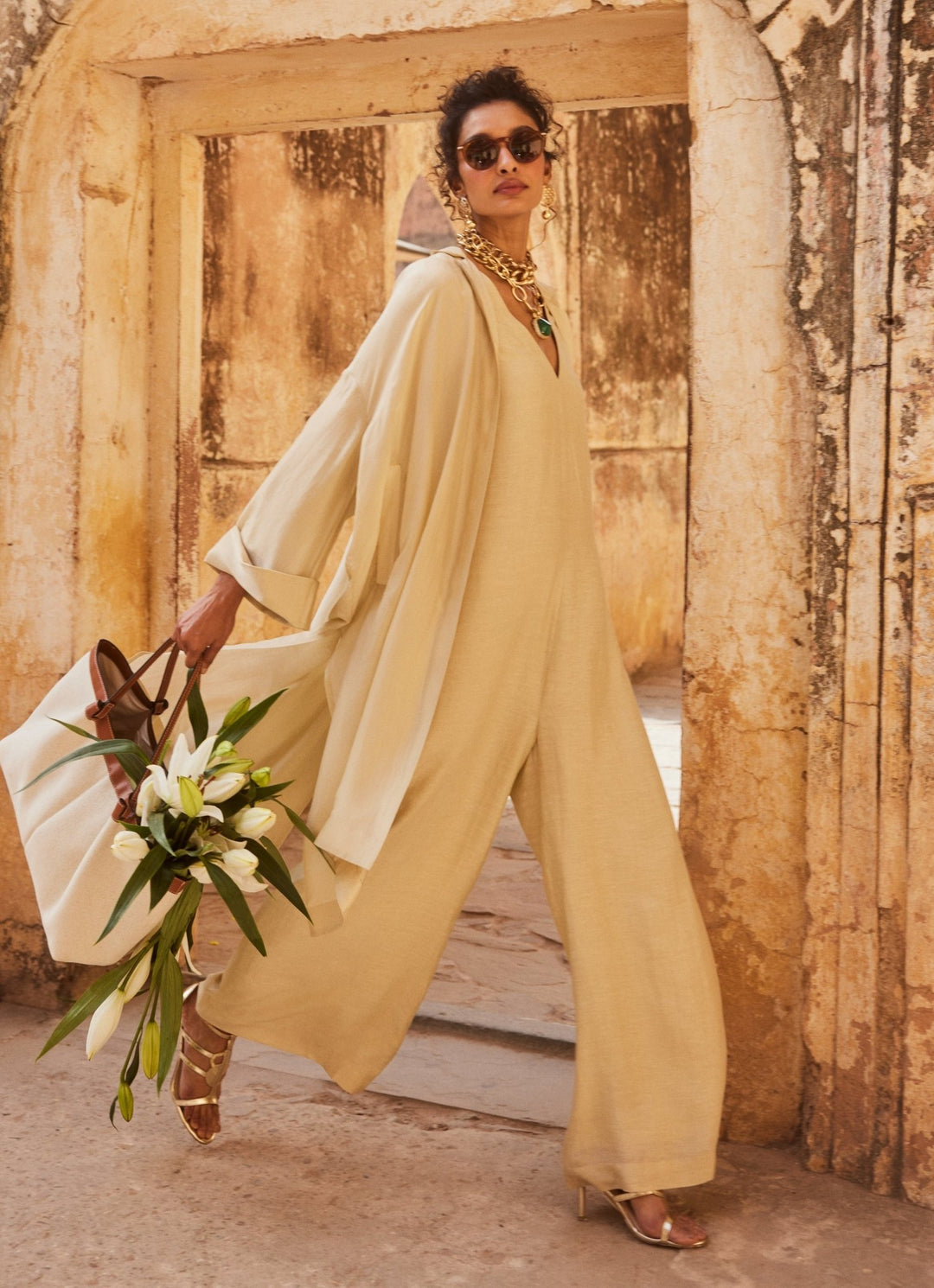 Ivory Linen Jumpsuit With Jacket Paulmi and Harsh - Fabilicious Fashion