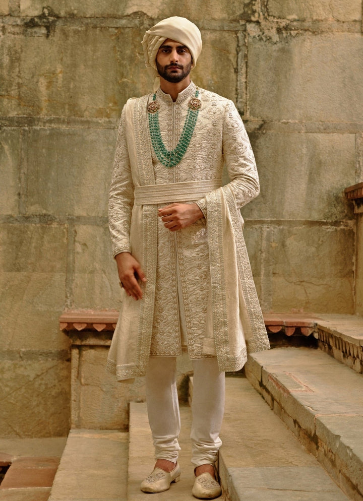 Ivory Linen Silk Brocade Sherwani Set Nitika Gujral - Men - Fabilicious Fashion