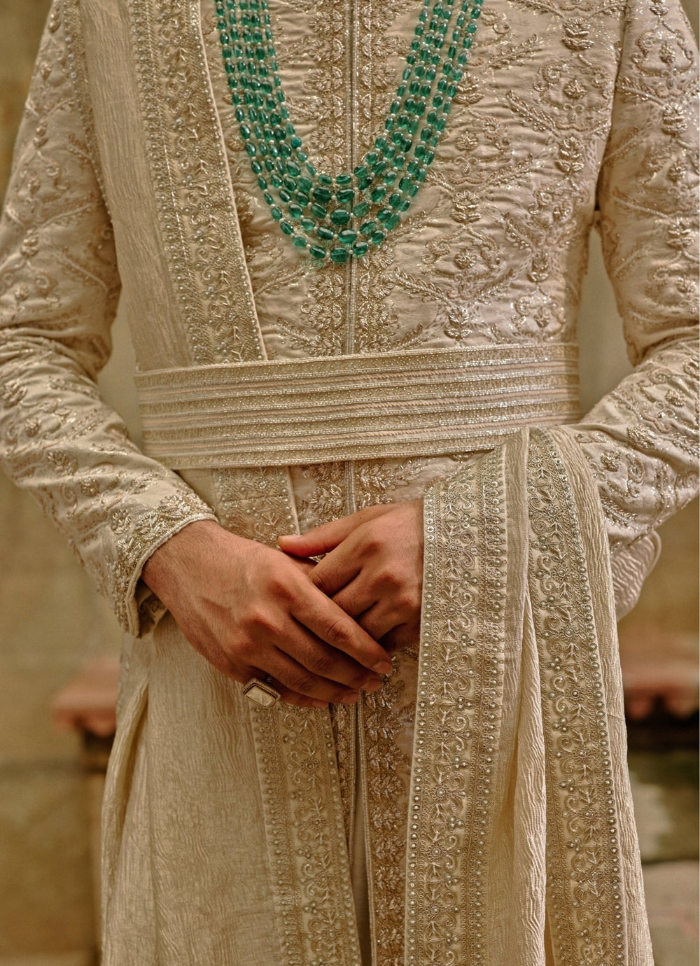 Ivory Linen Silk Brocade Sherwani Set Nitika Gujral - Men - Fabilicious Fashion