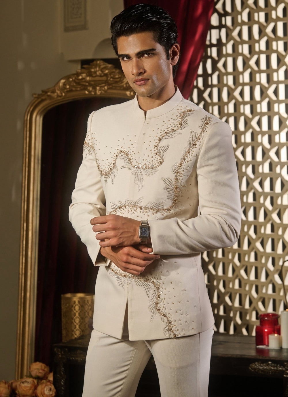 Contrast by Parth Ivory Lycra Suiting Bandhgala SetFabilicious Fashion