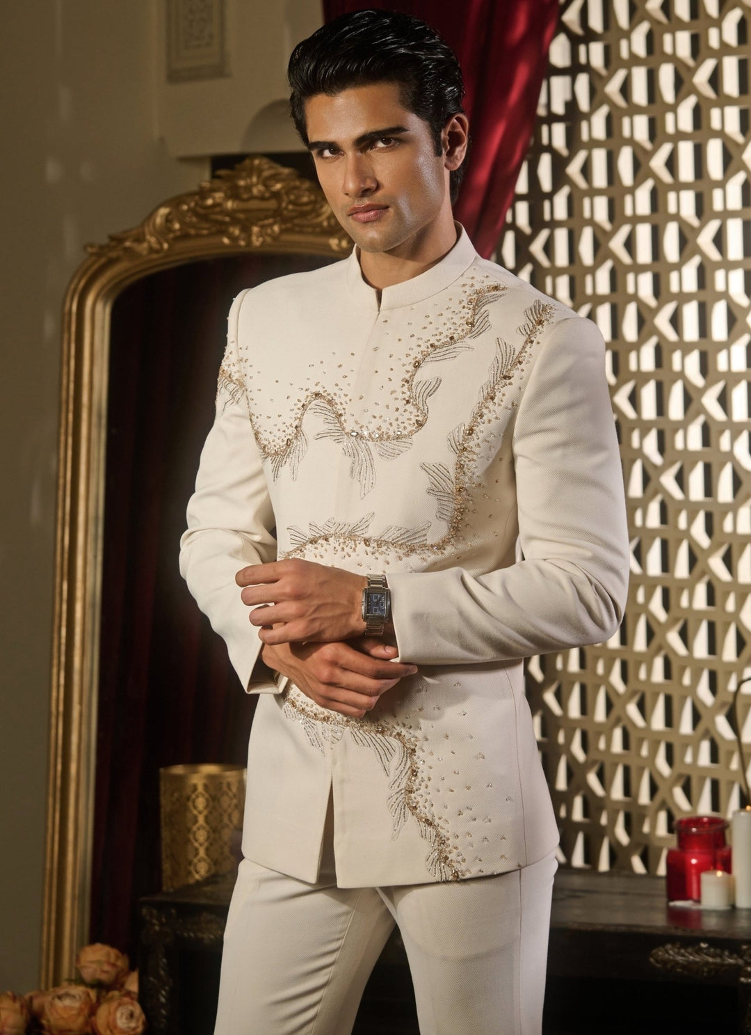Contrast by Parth Ivory Lycra Suiting Bandhgala SetFabilicious Fashion