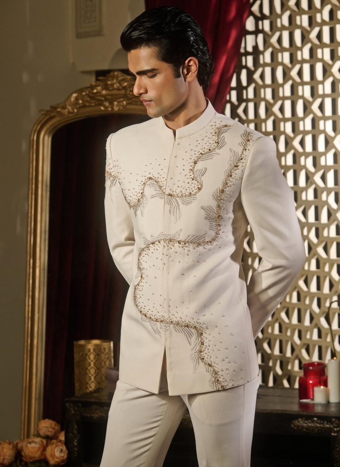 Contrast by Parth Ivory Lycra Suiting Bandhgala SetFabilicious Fashion