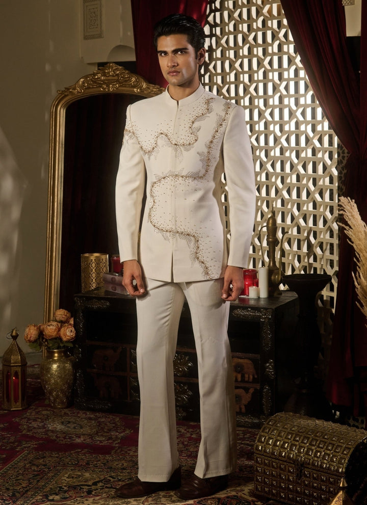Contrast by Parth Ivory Lycra Suiting Bandhgala SetFabilicious Fashion