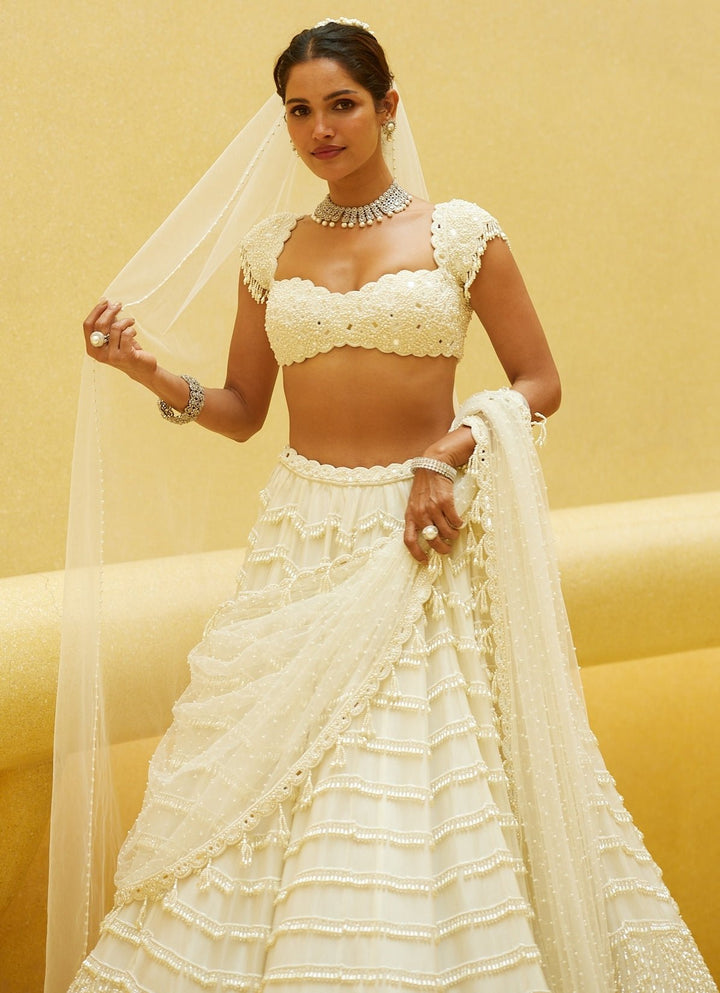 Ivory Mirror And Pearl Embroidered Bridal Lehenga With Veil Vvani by Vani Vats - Fabilicious Fashion