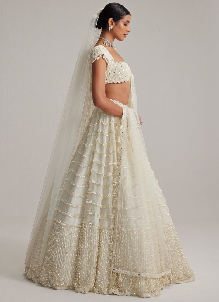 Ivory Mirror And Pearl Embroidered Bridal Lehenga With Veil Vvani by Vani Vats - Fabilicious Fashion