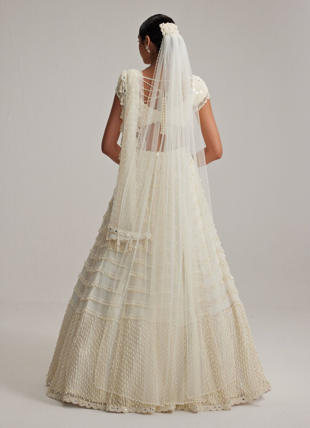 Ivory Mirror And Pearl Embroidered Bridal Lehenga With Veil Vvani by Vani Vats - Fabilicious Fashion