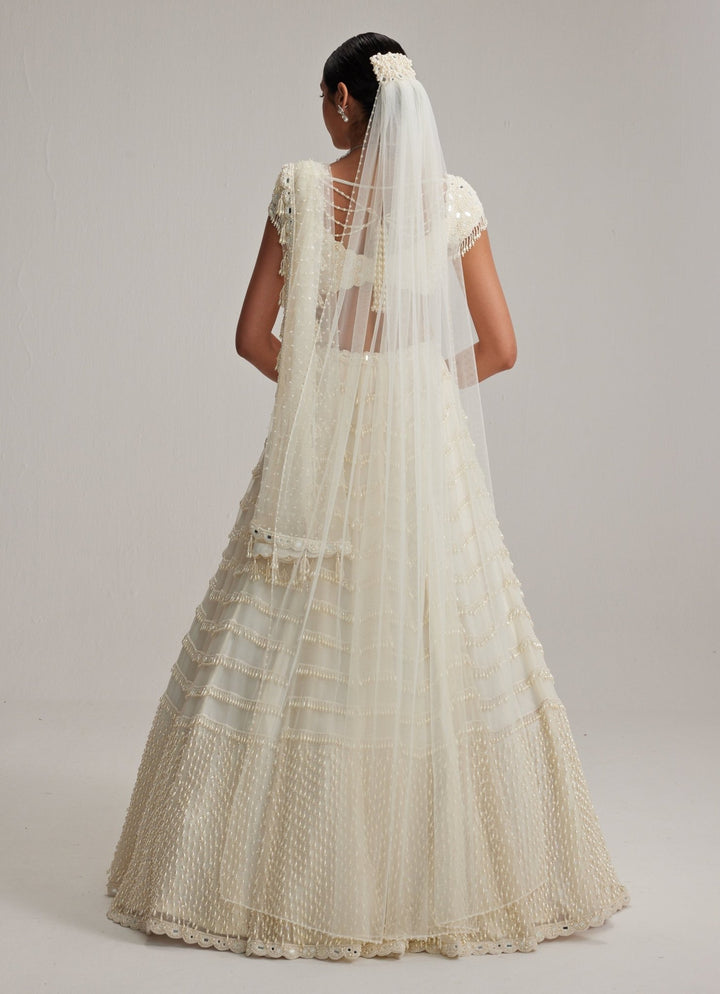 Ivory Mirror And Pearl Embroidered Bridal Lehenga With Veil Vvani by Vani Vats - Fabilicious Fashion