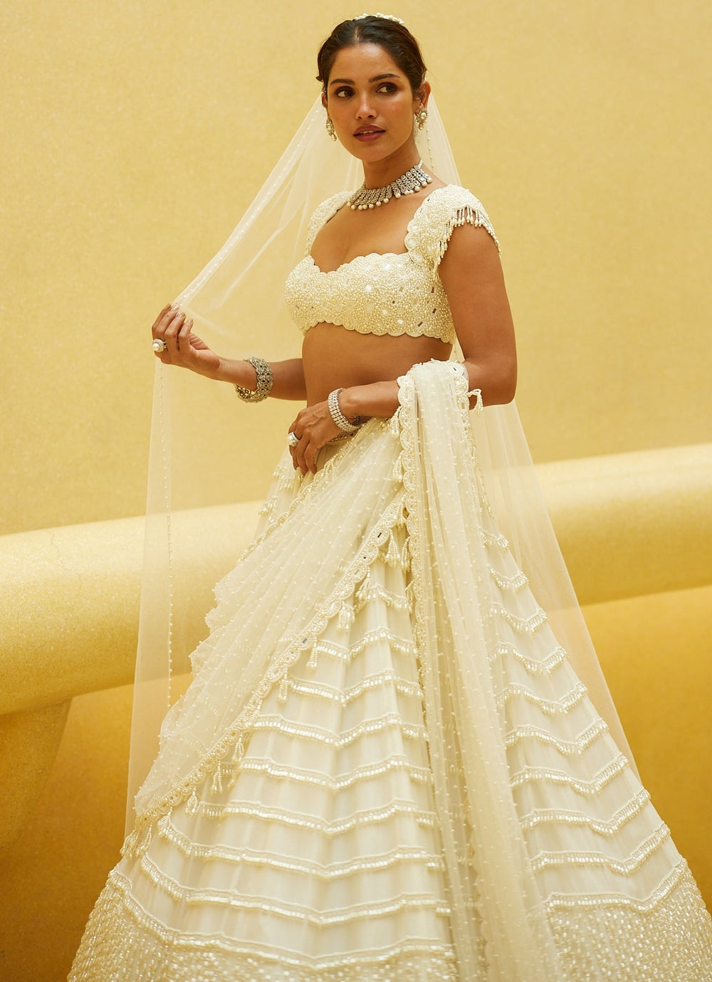 Ivory Mirror And Pearl Embroidered Bridal Lehenga With Veil Vvani by Vani Vats - Fabilicious Fashion