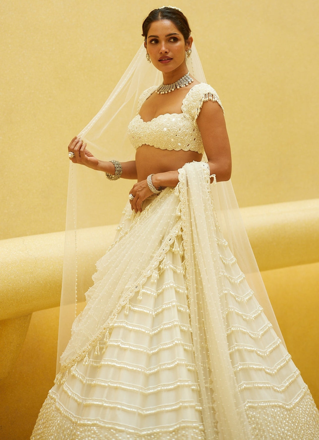Ivory Mirror And Pearl Embroidered Bridal Lehenga With Veil Vvani by Vani Vats - Fabilicious Fashion