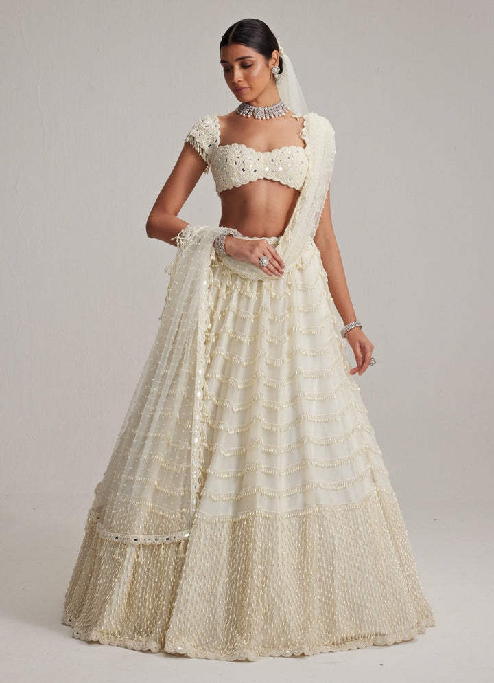Ivory Mirror And Pearl Embroidered Bridal Lehenga With Veil Vvani by Vani Vats - Fabilicious Fashion