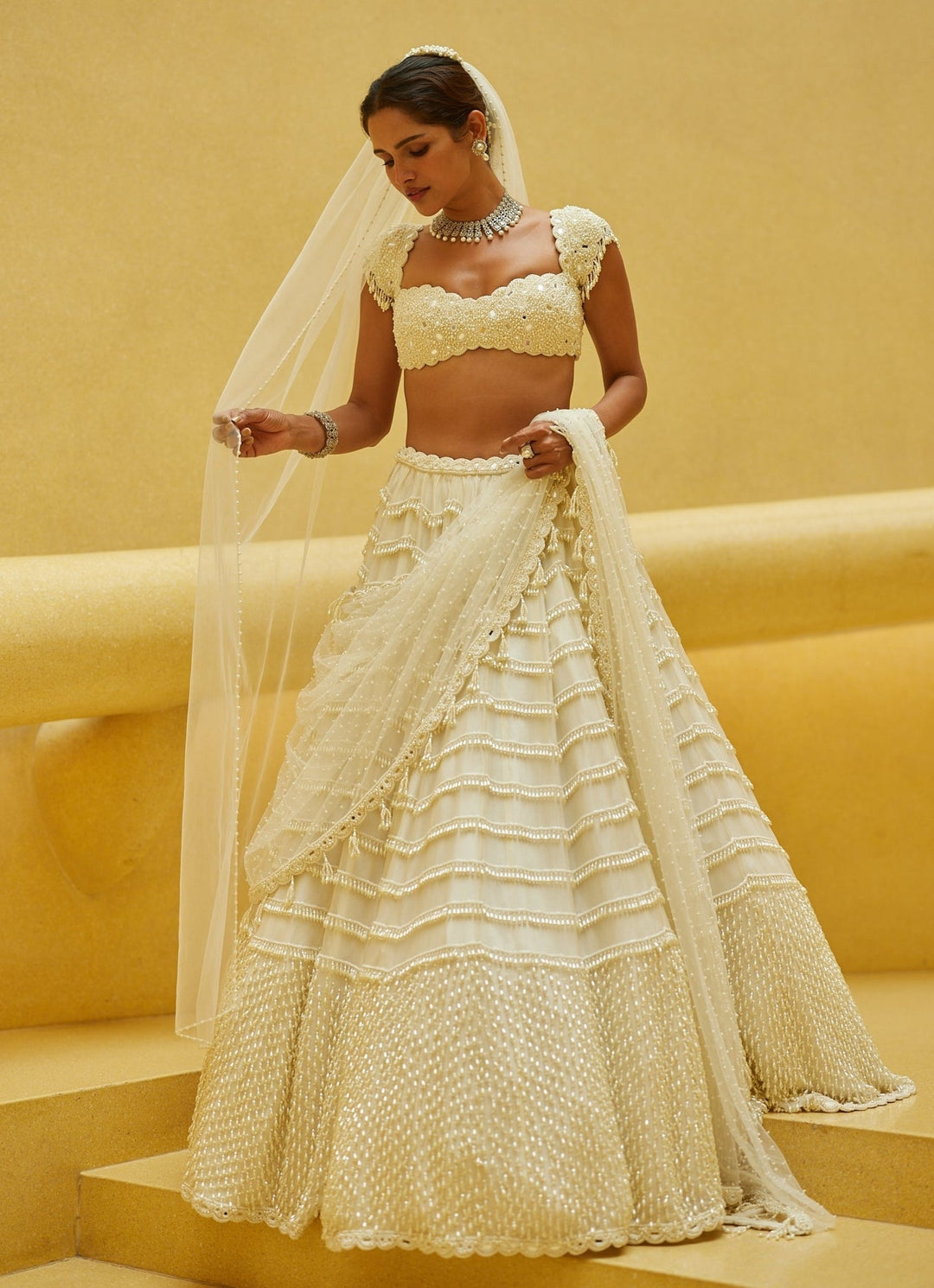 Ivory Mirror And Pearl Embroidered Bridal Lehenga With Veil Vvani by Vani Vats - Fabilicious Fashion