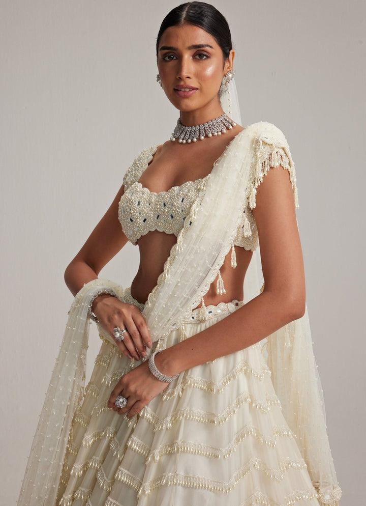 Ivory Mirror And Pearl Embroidered Bridal Lehenga With Veil Vvani by Vani Vats - Fabilicious Fashion