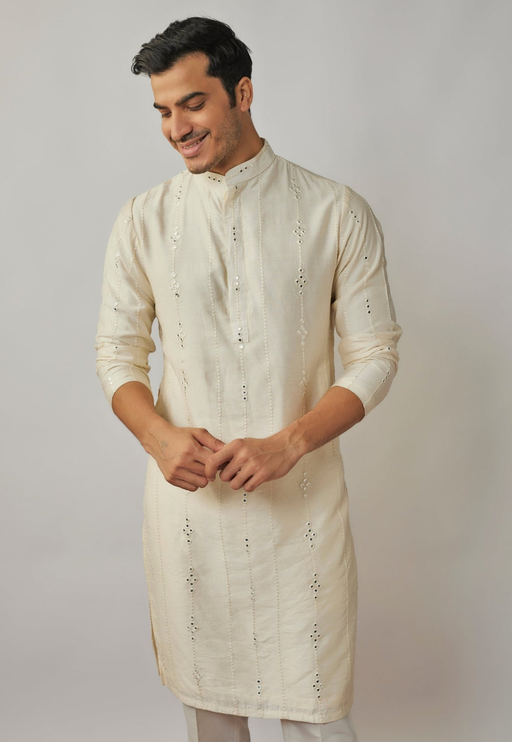 Ivory Mirror and Sequin Embroidered Kurta Pant Set Renee Label - Men - Fabilicious Fashion