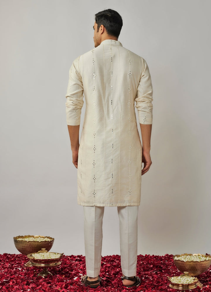Ivory Mirror and Sequin Embroidered Kurta Pant Set Renee Label - Men - Fabilicious Fashion