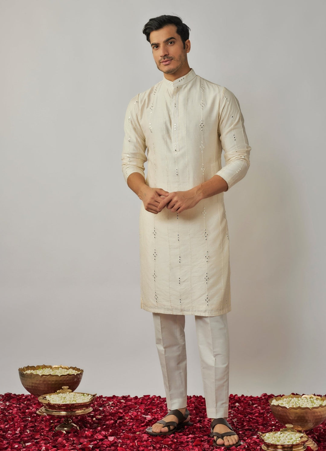 Ivory Mirror and Sequin Embroidered Kurta Pant Set Renee Label - Men - Fabilicious Fashion