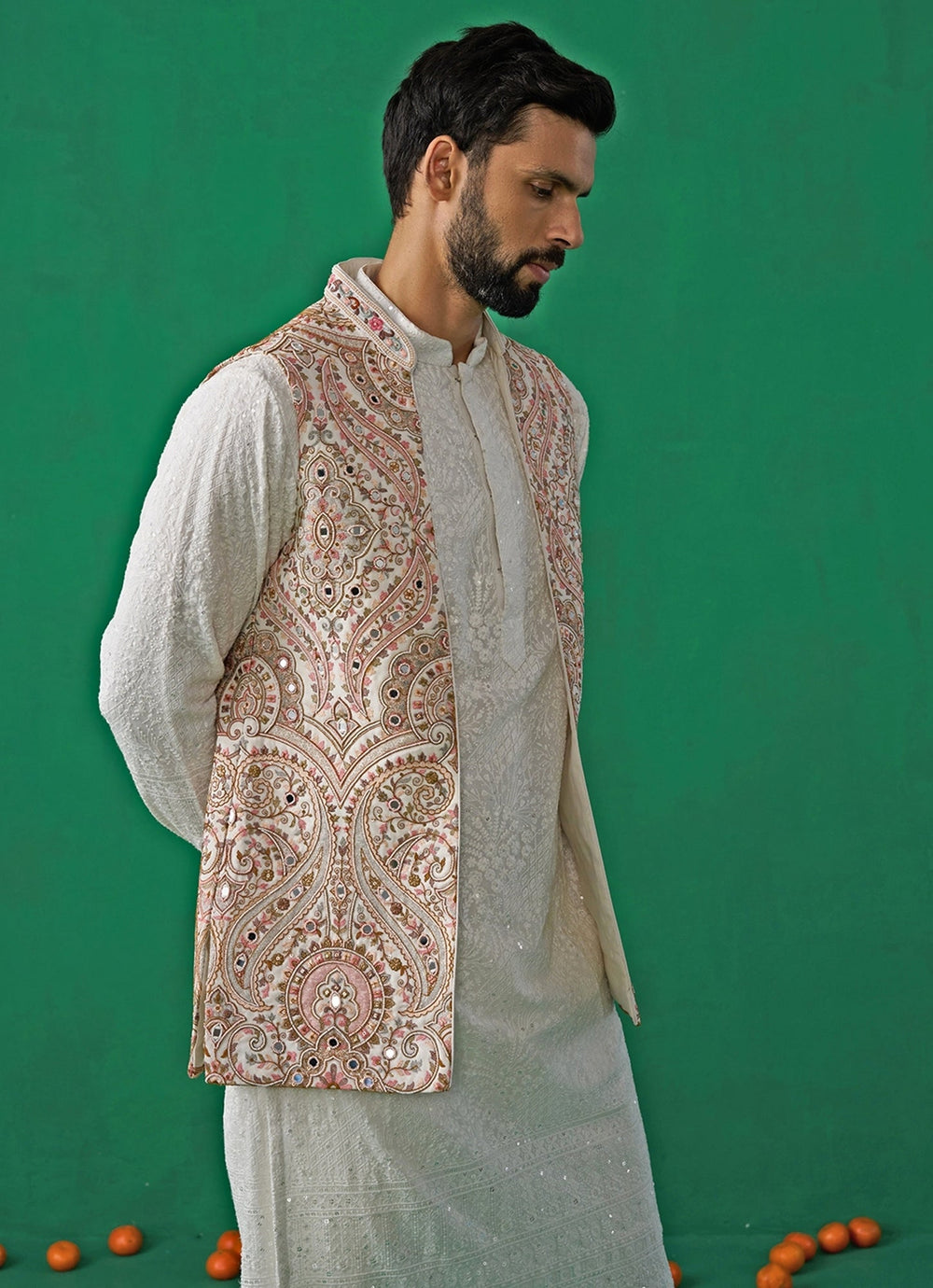 Ivory Mirror Embroidered Georgette Kurta Jacket Set Kalpraag - Fabilicious Fashion