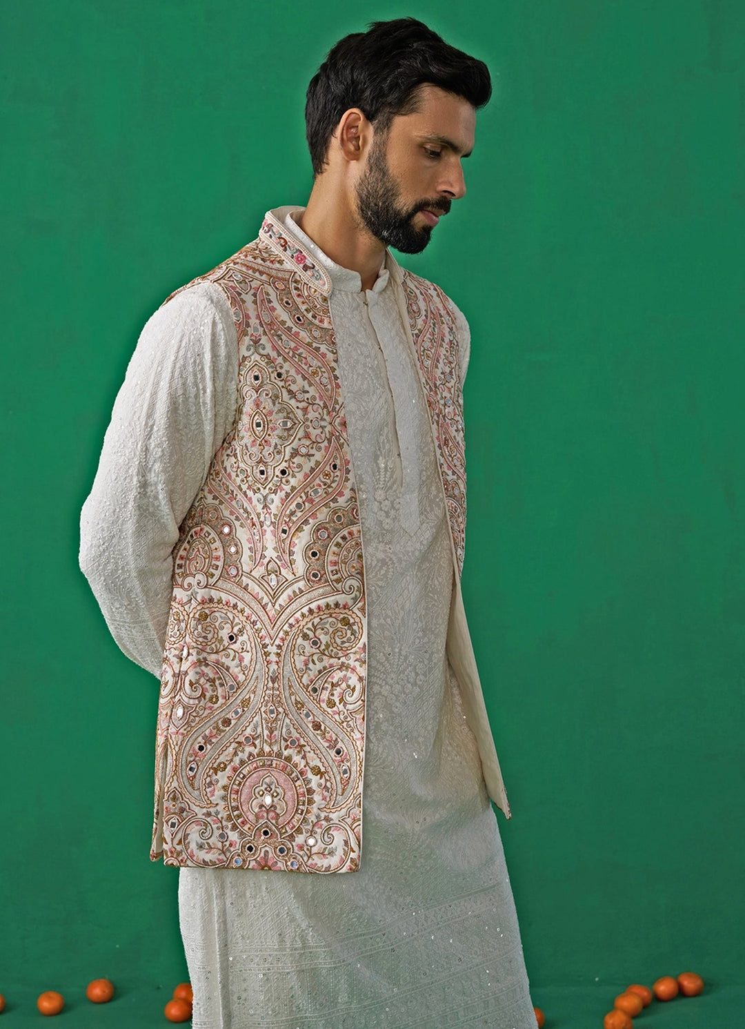 Ivory Mirror Embroidered Georgette Kurta Jacket Set Kalpraag - Fabilicious Fashion