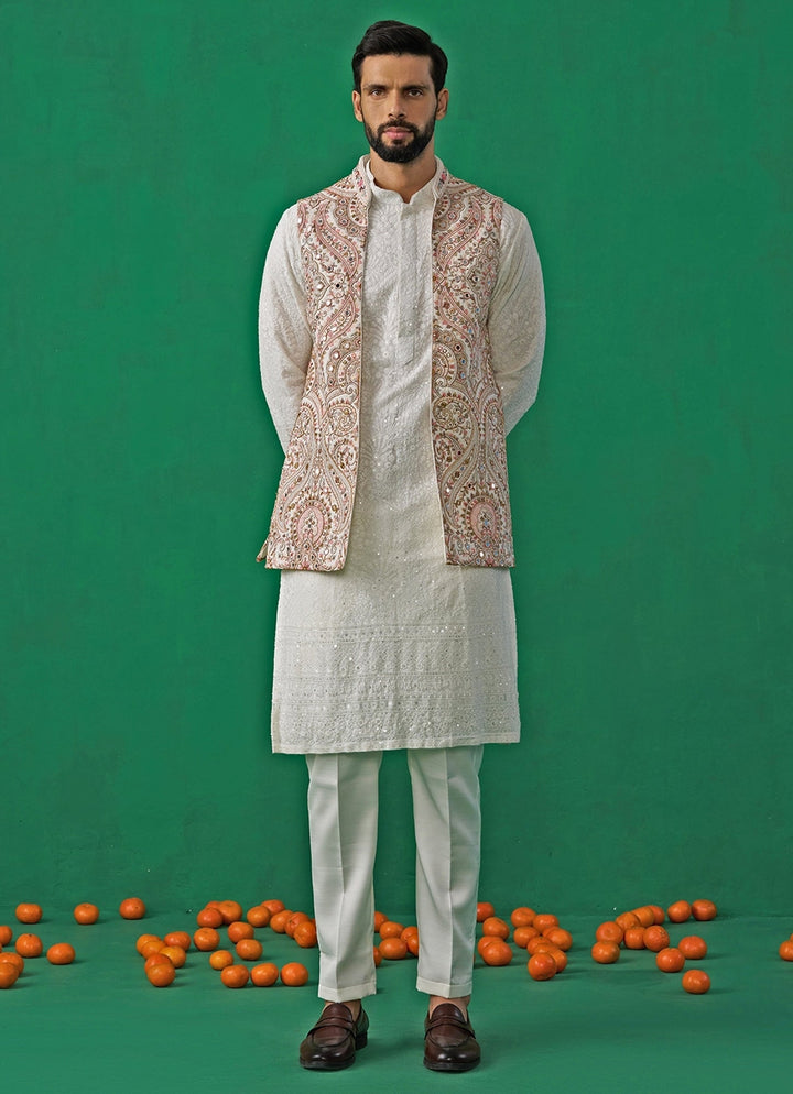 Ivory Mirror Embroidered Georgette Kurta Jacket Set Kalpraag - Fabilicious Fashion