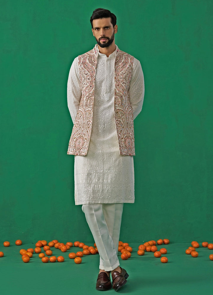 Ivory Mirror Embroidered Georgette Kurta Jacket Set Kalpraag - Fabilicious Fashion