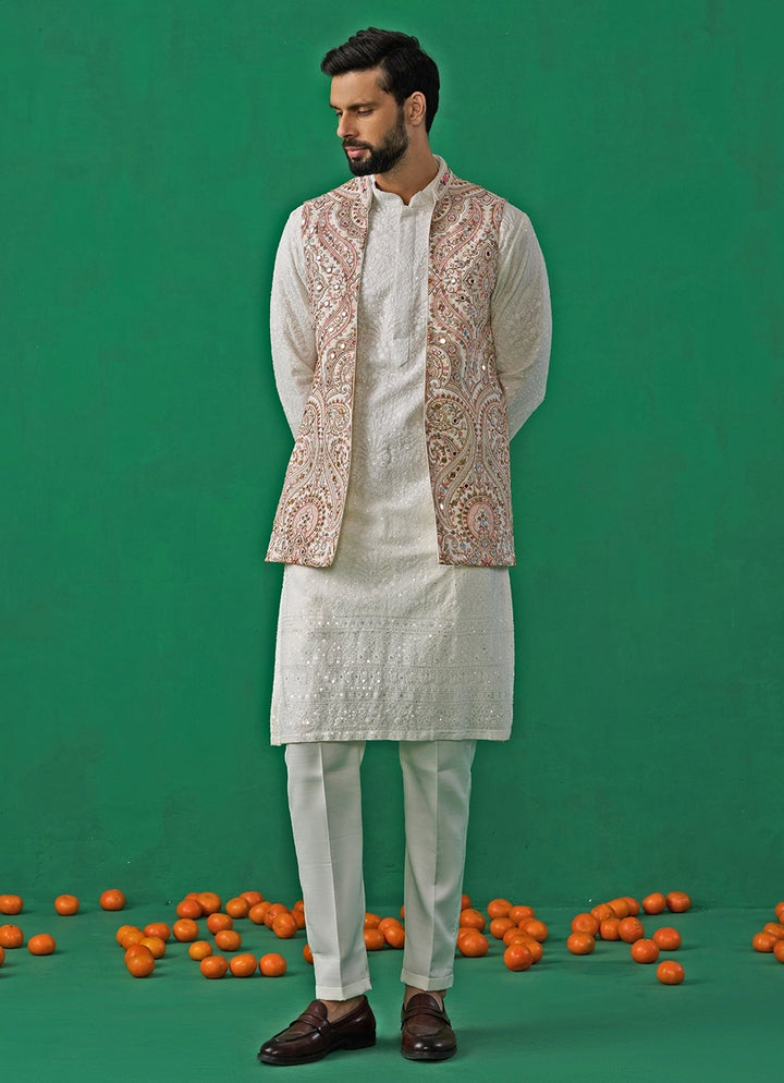 Ivory Mirror Embroidered Georgette Kurta Jacket Set Kalpraag - Fabilicious Fashion