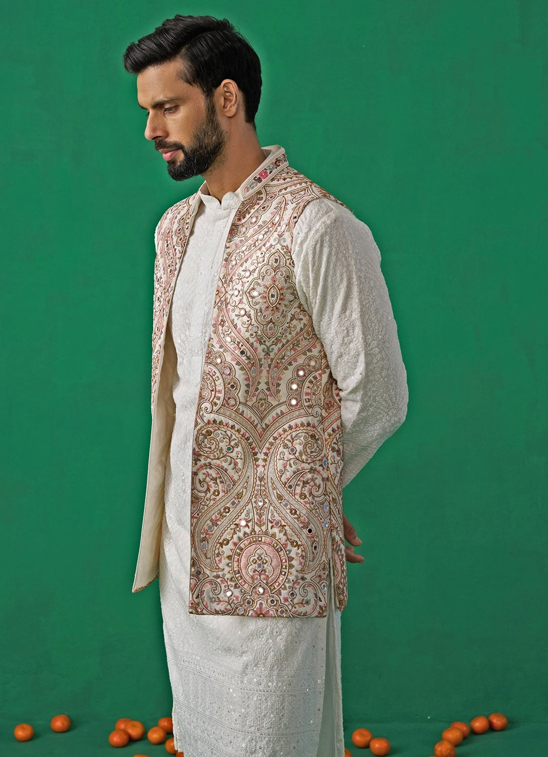 Ivory Mirror Embroidered Georgette Kurta Jacket Set Kalpraag - Fabilicious Fashion