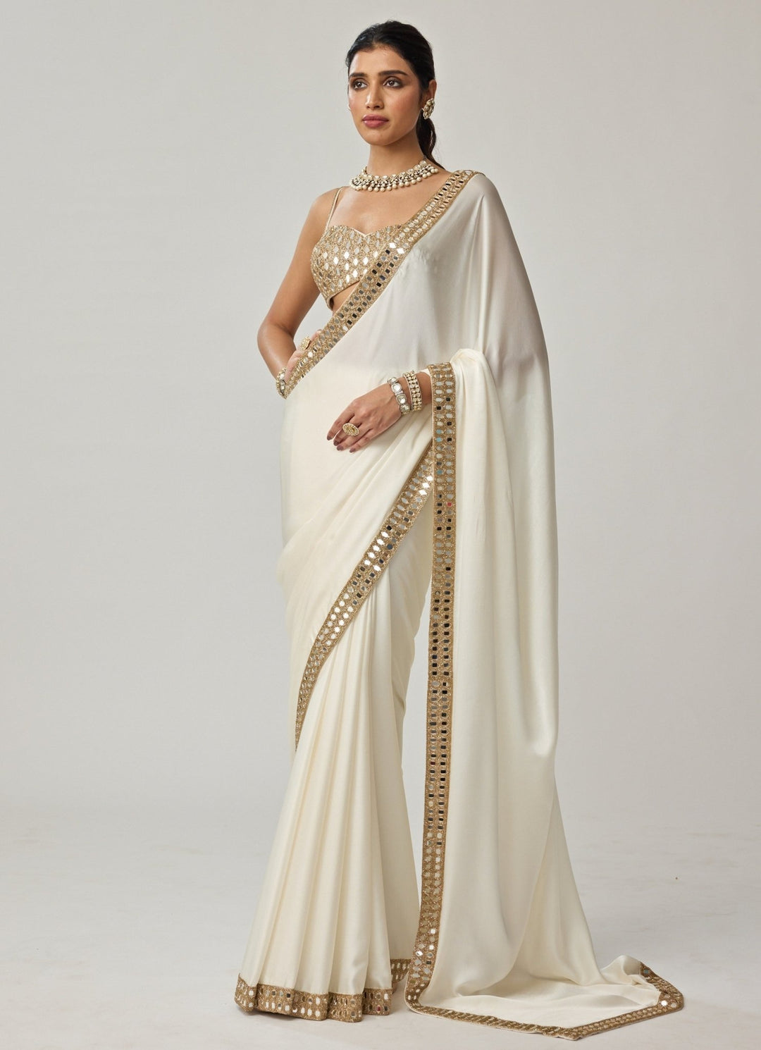 Ivory Mirror Embroidered Satin Saree Set Vvani by Vani Vats - Fabilicious Fashion