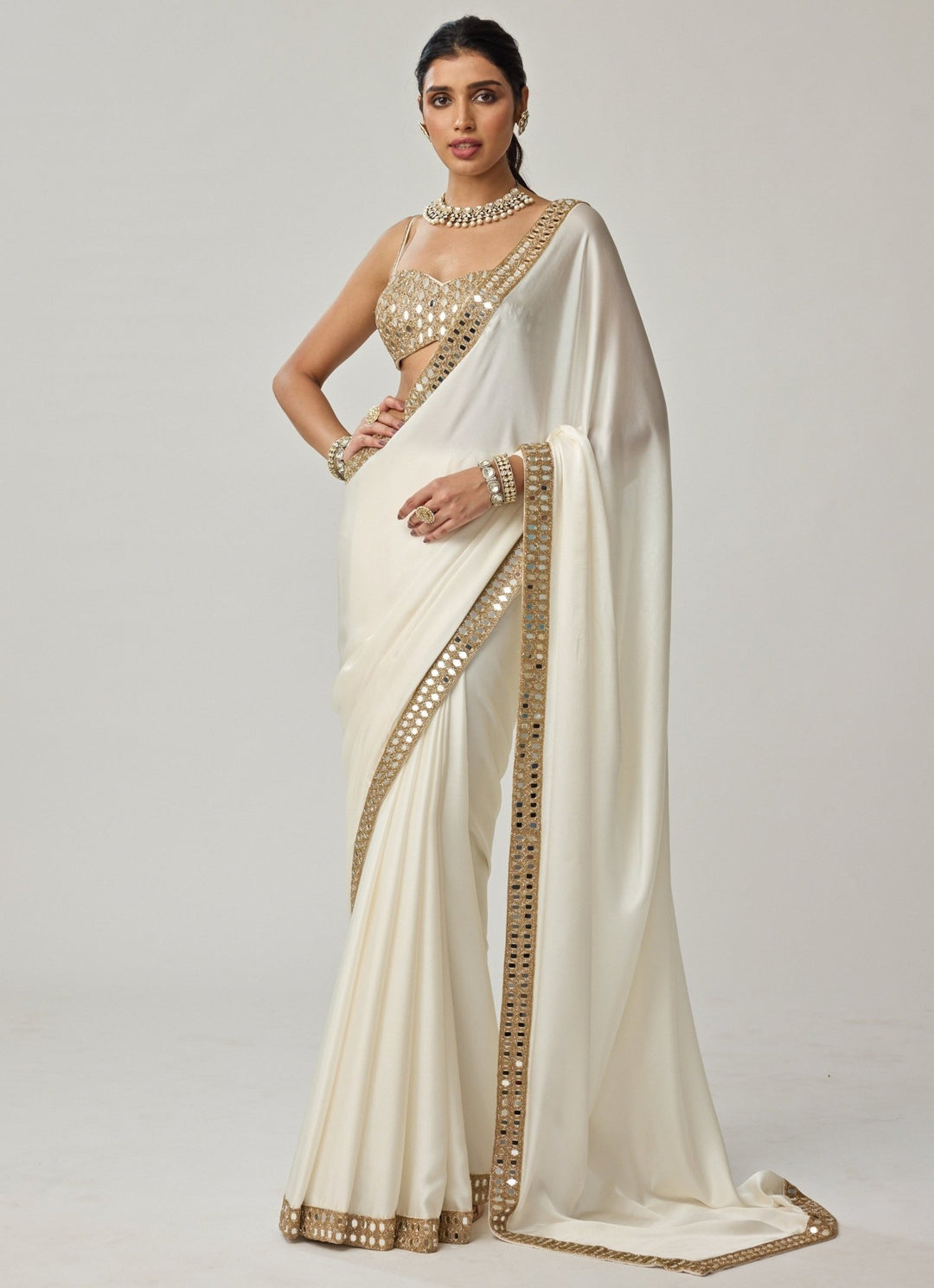 Ivory Mirror Embroidered Satin Saree Set Vvani by Vani Vats - Fabilicious Fashion