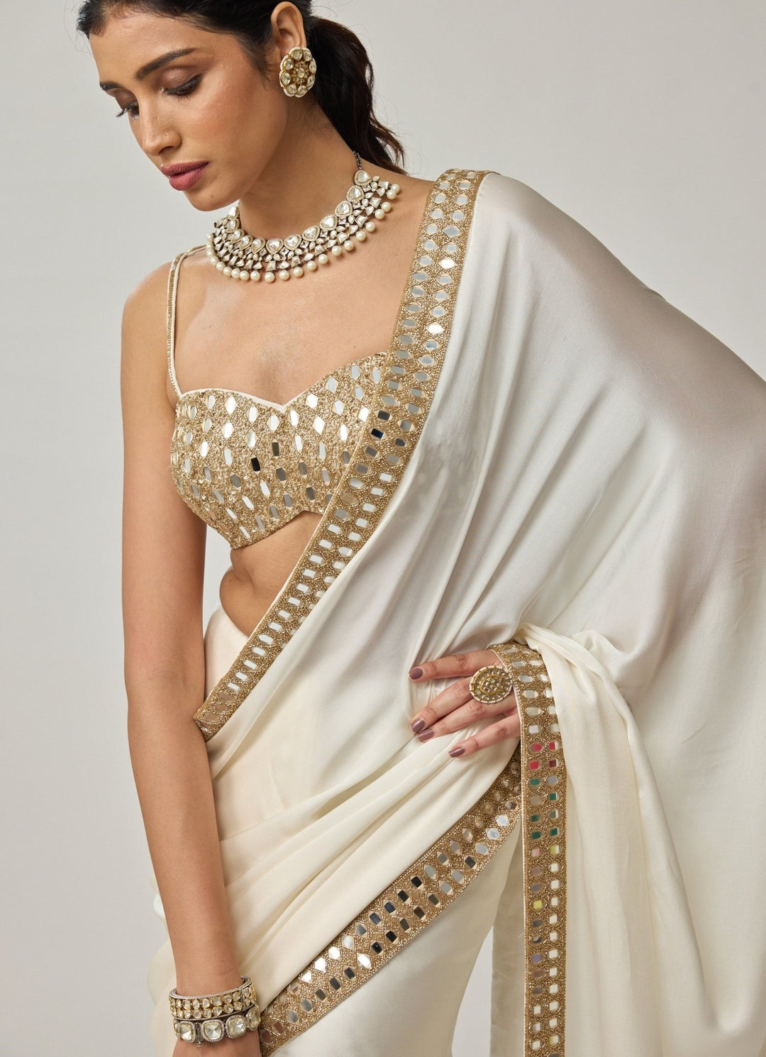 Ivory Mirror Embroidered Satin Saree Set Vvani by Vani Vats - Fabilicious Fashion