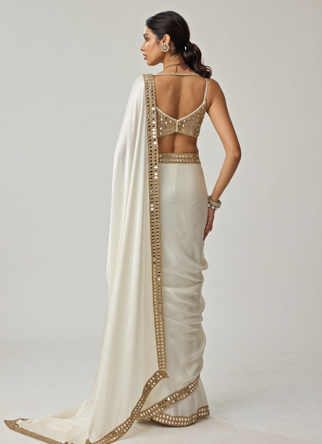 Ivory Mirror Embroidered Satin Saree Set Vvani by Vani Vats - Fabilicious Fashion