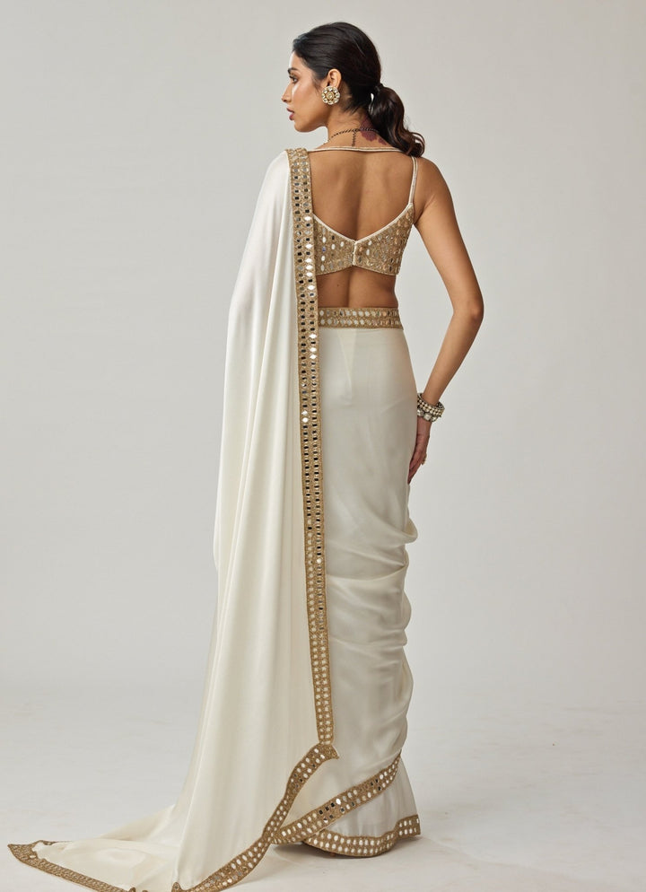 Ivory Mirror Embroidered Satin Saree Set Vvani by Vani Vats - Fabilicious Fashion