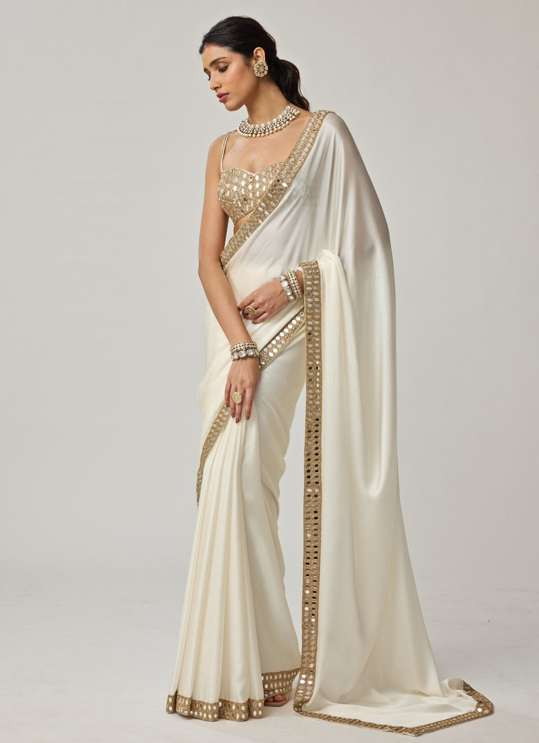 Ivory Mirror Embroidered Satin Saree Set Vvani by Vani Vats - Fabilicious Fashion