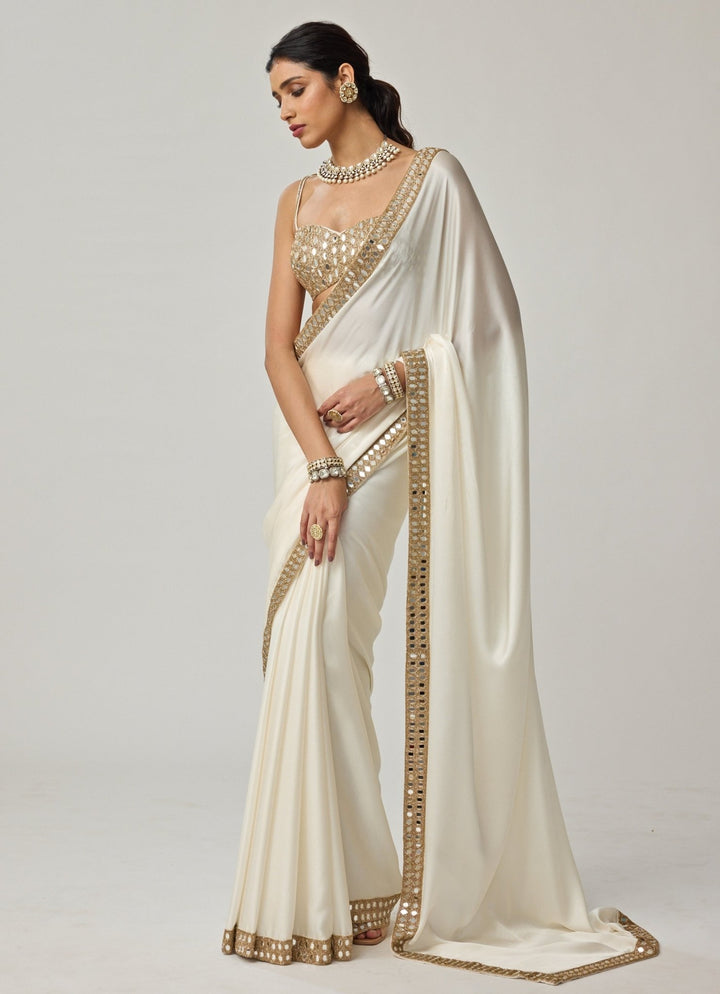 Ivory Mirror Embroidered Satin Saree Set Vvani by Vani Vats - Fabilicious Fashion
