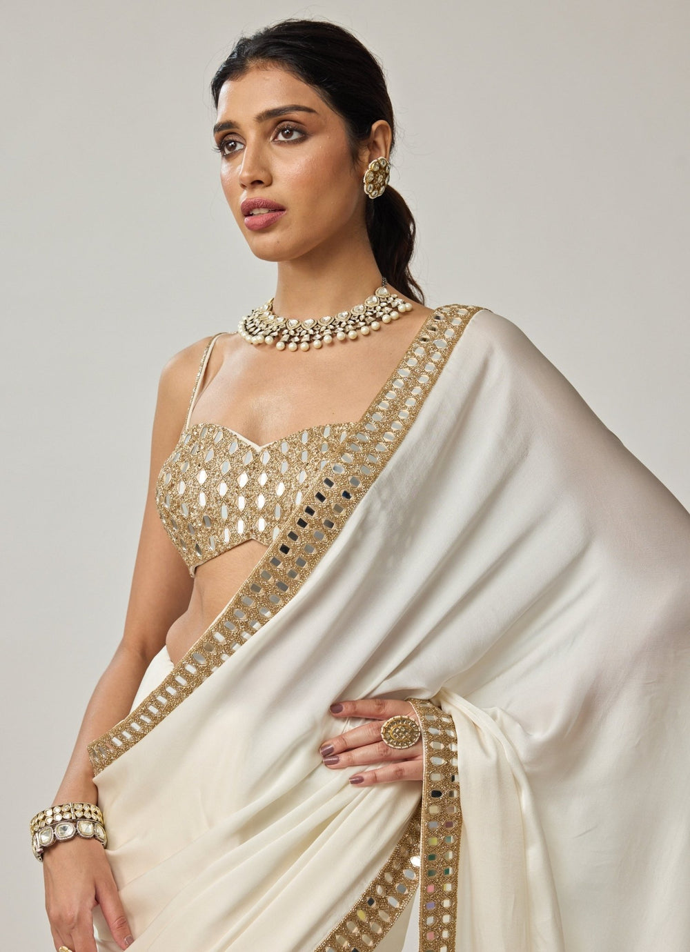 Ivory Mirror Embroidered Satin Saree Set Vvani by Vani Vats - Fabilicious Fashion