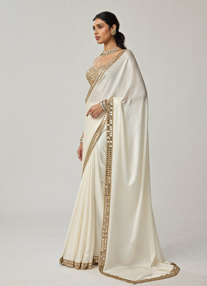 Ivory Mirror Embroidered Satin Saree Set Vvani by Vani Vats - Fabilicious Fashion