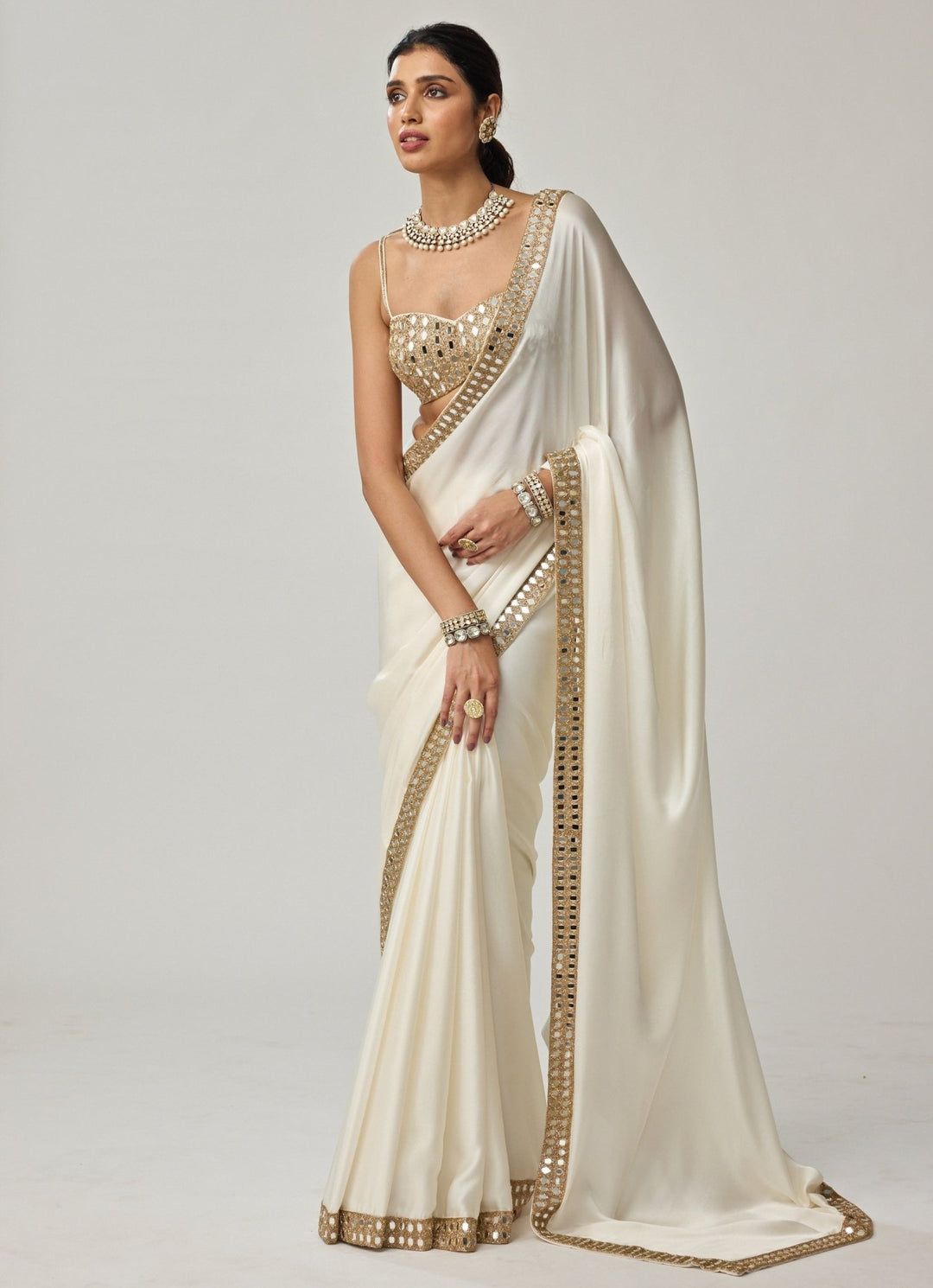 Ivory Mirror Embroidered Satin Saree Set Vvani by Vani Vats - Fabilicious Fashion
