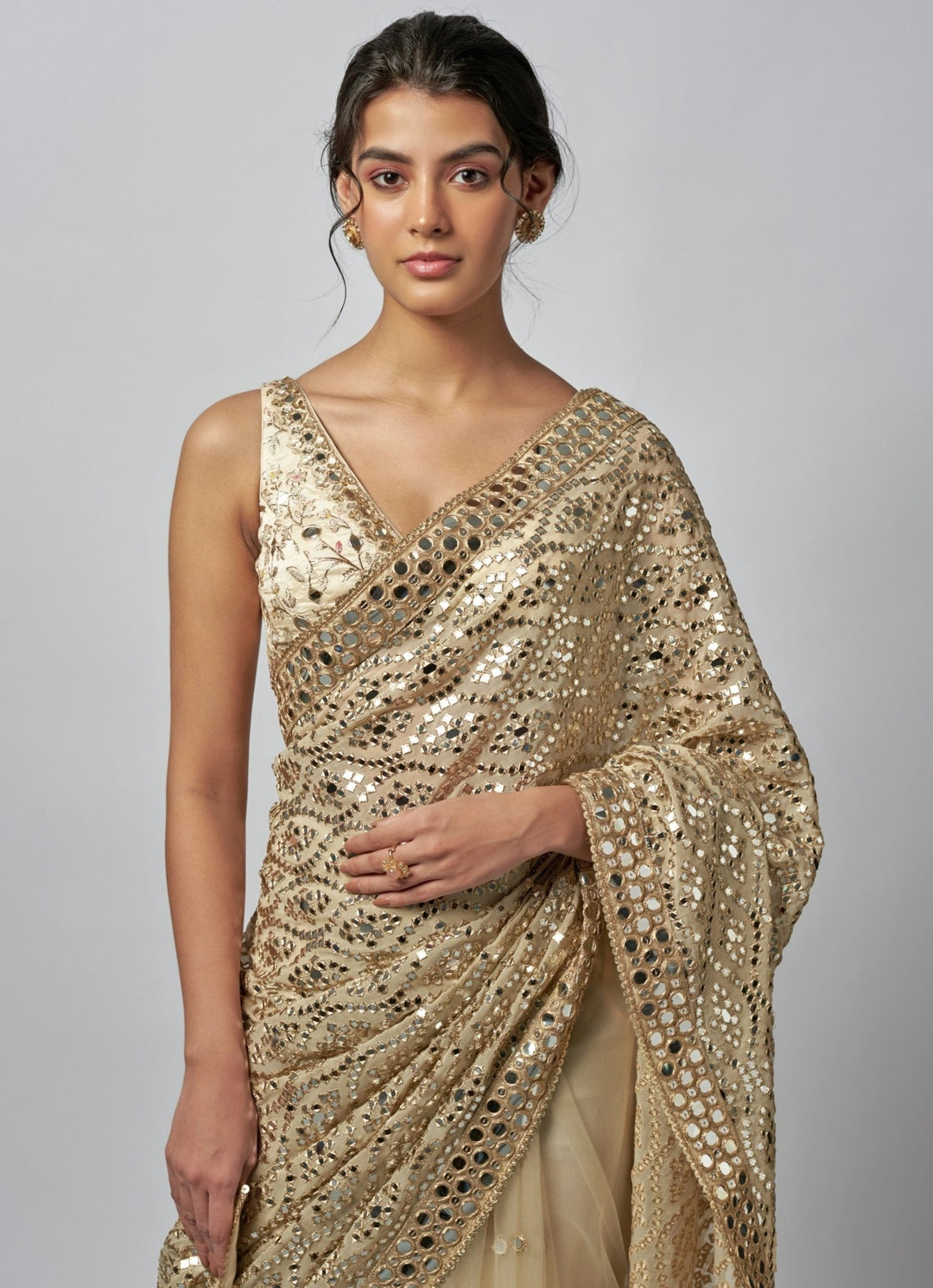 Gopi Vaid Ivory Mirrorwork Georgette Saree SetFabilicious Fashion
