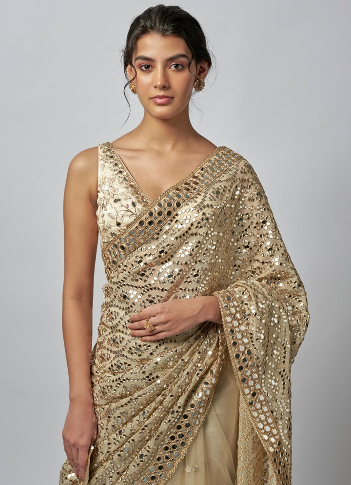 Gopi Vaid Ivory Mirrorwork Georgette Saree SetFabilicious Fashion