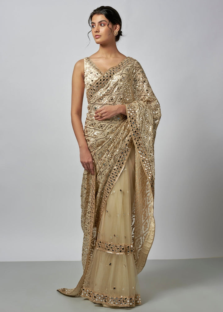 Gopi Vaid Ivory Mirrorwork Georgette Saree SetFabilicious Fashion