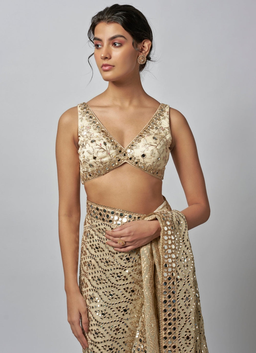 Gopi Vaid Ivory Mirrorwork Georgette Saree SetFabilicious Fashion