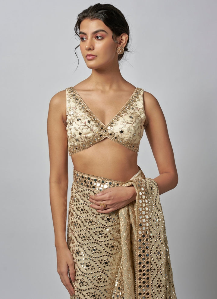 Gopi Vaid Ivory Mirrorwork Georgette Saree SetFabilicious Fashion